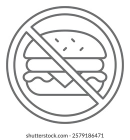 Hamburger with meat ban thin line icon, prohibited elements concept. Vector graphics. Burger bun fast food forbidden sign on white background, outline style icon for mobile or web design