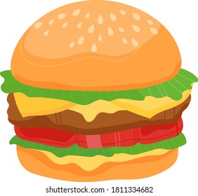 Hamburger meat, bread, cheese, tomato bundle, snack bun lunch, isolated on white, design, flat style vector illustration. Quick sandwich, fresh delicious unhealthy food, great fast food classic.