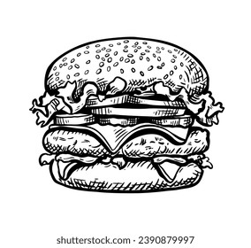 Hamburger, meat burger. Vector illustration in engraving style.