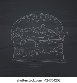 Hamburger with meat, cheese and lettuce. Hamburger hand drawn in chalk on a blackboard. Hamburger vector sketch illustration. 