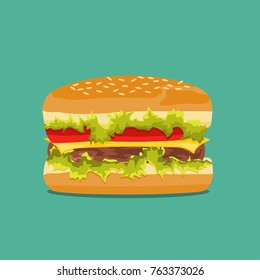 Hamburger with meat, cheese and salad flat style. Cartoon illustration.