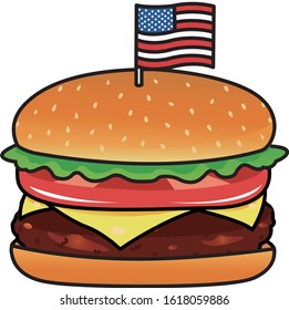 Hamburger with meat, Cheese slice, lettuce and Tomato.