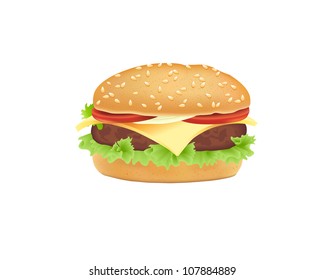 Hamburger with meat, cheese, tomato, onion and lettuce. Vector illustration