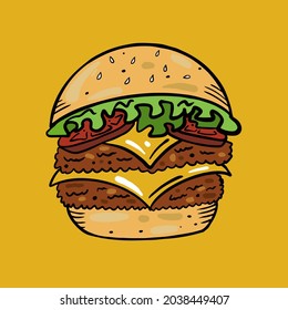 Hamburger with meat, cheese, tomato, onion and lettuce. Vector illustration