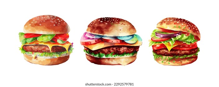 Acuarela de carne de hamburguesa aislada de fondo blanco. Conjunto de deliciosa pintura de la hamburguesa ilustración del vector de comida