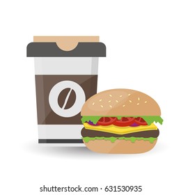 Hamburger with Meat and Iced Coffee on White Background