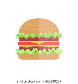 Hamburger with meat, lettuce and cheese. Elements on the theme of the restaurant business. Hamburger or cheeseburger. Vector illustration. Burger flat icon design.
