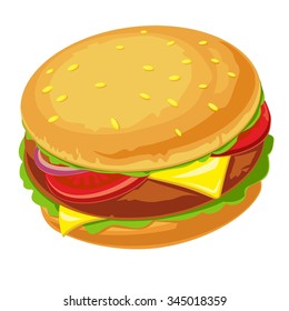 Hamburger with meat, lettuce, cheese, onion and tomato. Vector flat illustration isolated on white background. Hand drawn design element for label and poster