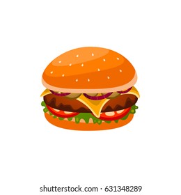 Hamburger with meat, onion, tomato, cucumber and greens in vector