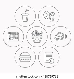 Hamburger, meat and soft drink icons. Chips fries linear sign. Check file, calendar and cogwheel icons. Vector