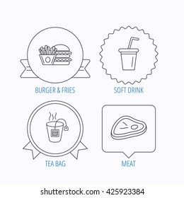 Hamburger, meat and soft drink icons. Tea bag linear sign. Award medal, star label and speech bubble designs. Vector
