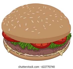Hamburger with meat and tomatoes on a white background