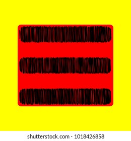 Hamburger menu bar line art icon. Vector. Black scribble icon in red container with rounded corners at yellow background. Isolated.