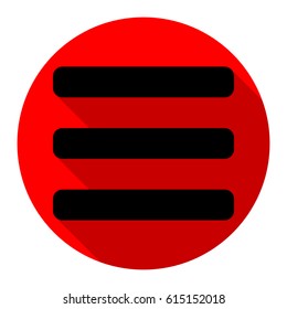 Hamburger menu bar line art icon. Vector. Flat black icon with flat shadow on red circle with white background. Isolated.