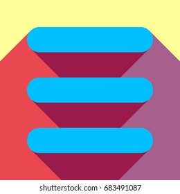 Hamburger menu bar line art icon. Vector. Deep sky blue icon with two flat violet and raspberry semitransparent shadows on canary background.