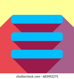 Hamburger menu bar line art icon. Vector. Deep sky blue icon with two flat violet and raspberry semitransparent shadows on canary background.