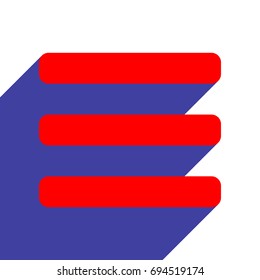 Hamburger menu bar line art icon. Vector. Red flat style icon with dark blue long shadow on white background.