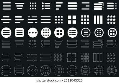 Hamburger menu icon set featuring minimal, modern UI navigation symbols. Perfect for app, web, and responsive design. Includes grid, list, dot, and line layout variations in editable formats
