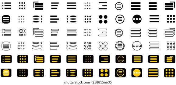 Hamburger menu icons pack in black and white filled and outlined versions. symbol, user interface vector symbols, navigation elements, web buttons filled and outline designs, flat icons element