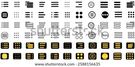 Hamburger menu icons pack in black and white filled and outlined versions. symbol, user interface vector symbols, navigation elements, web buttons filled and outline designs, flat icons element