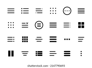 Iconos del menú Hamburger, botones de navegación web y móvil de app ui. Símbolos de menú de la hamburguesa vectorial aislada del menú derrumbado o de la barra de navegación con tres barras horizontales, cuadrados, puntos y puntos suspensivos