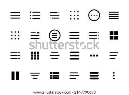 Hamburger menu icons, web and mobile navigation buttons of app ui. Isolated vector burger menu symbols of collapsed menu or navigation bar with three horizontal bars, squares, dots and ellipsis