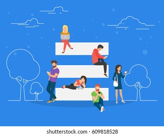 Hamburger menu and on mobile website concept illustration of young men and women using laptop, smartphone and digital tablet for surfing internet. Flat people searching internet and using web services