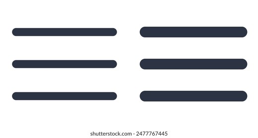 Conjunto de iconos simples de menú de hamburguesa diseñado en estilo relleno, contorno, línea y trazo