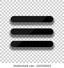 Hamburger menu. Web icon. Black glass icon with soft shadow on transparent background