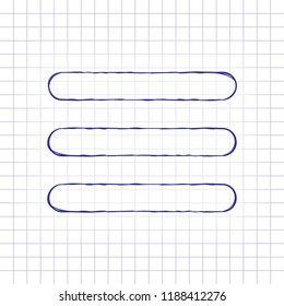 Hamburger menu. Web icon. Hand drawn picture on paper sheet. Blue ink, outline sketch style. Doodle on checkered background