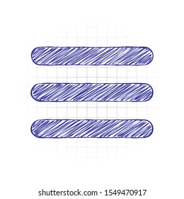 Hamburger menu. Web icon. Hand drawn sketched picture with scribble fill. Blue ink. Doodle on white background