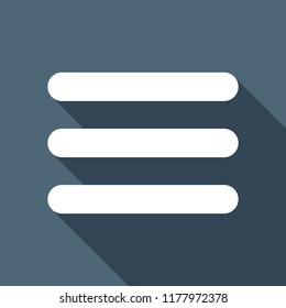 Hamburger menu. Web icon. White flat icon with long shadow on background