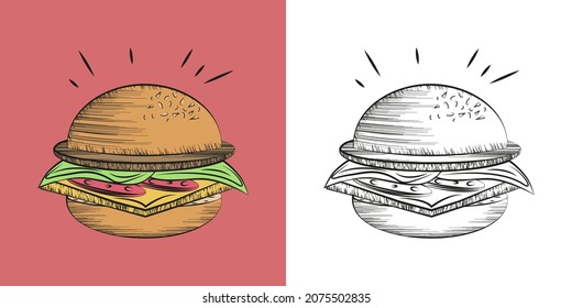 Hamburger with minced meat, cheese, salami and lettuce leaves. Vector illustration in black and white and color.