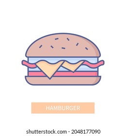 Hamburger - moderne, farbige Liniendesign-Symbol auf weißem Hintergrund. Schönes, detailliertes Bild der klassischen Fastfood-Gerichte. Samen-Knospen, Käse, Cutlet, Speck. Ungesund, aber lecker. Menü und Ernährung