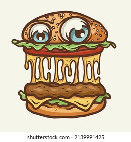 hamburger monster cartoon design vector, Design element for logo, poster, card, banner, emblem, t shirt. Vector illustration