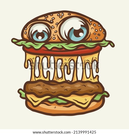 hamburger monster cartoon design vector, Design element for logo, poster, card, banner, emblem, t shirt. Vector illustration