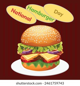 Hamburger, national hamburger day design template, A hamburger on a plate with dark red background