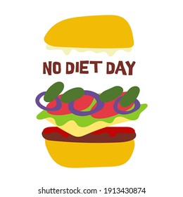 Hamburger for no diet day. Juicy burger with cutlet, sauce, cheese, lettuce, onion, tomatoes and cucumbers. Can be used as a fast food icon. Flat stock vector illustration isolated on white background