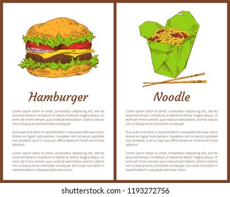 Hamburger and noodle posters set of fast food. Asian traditional meal served with chopsticks. American bun with ham, salad leaves vector illustration