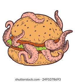 Hamburguesa con tentáculos de pulpo. Arte vectorial dibujado a mano en estilo boceto. Ilustración creativa para impresión, tatuaje.