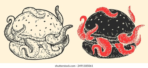 Hamburger with octopus tentacles. Hand drawn vector art in sketch style. Creative illustration for print, tattoo.