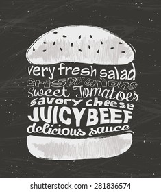 Hamburger On Chalkboard. Tasty Burger Concept. Vector Vintage Style Fast Food Designs. Burger Party Flyer