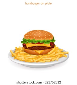 Hamburger On Plate With French Fries