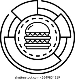 A hamburger is on a round surface with a black border. The hamburger is surrounded by a series of lines that form a circle