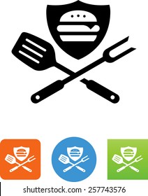 Hamburger on shield with grilling tools icon