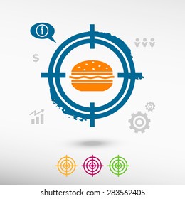Hamburger on target icons background. Flat illustration.