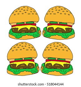 Hamburger on a white background.Hamburger vector illustration. For design, wallpaper, logo, icon, menu, restaurant, cafe, kitchen, birthday, holiday.Hamburger meal.Hamburger isolated.Hamburger icon.