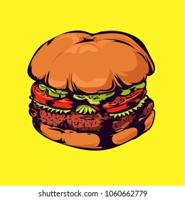 Hamburger on the yellow background. Vector illustration.