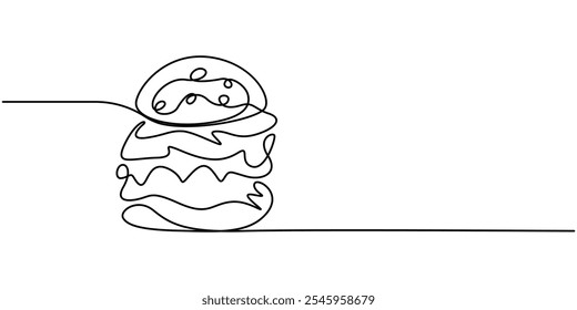 Hambúrguer em um desenho de linha. Conceito de fast food minimalista, desenho de linha contínua Fast Food com formas de cor, Hamburger Ilustração de linha contínua, Desenho de linha contínua única representando.
