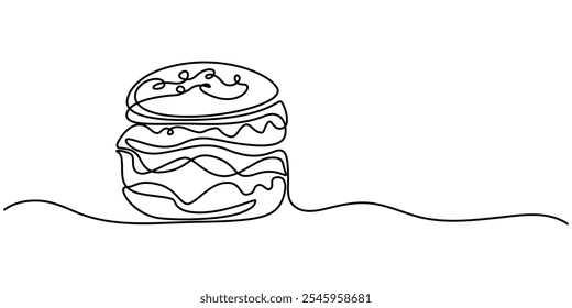 Hambúrguer em um desenho de linha. Conceito de fast food minimalista, desenho de linha contínua Fast Food com formas de cor, Hamburger Ilustração de linha contínua, Desenho de linha contínua única representando.
